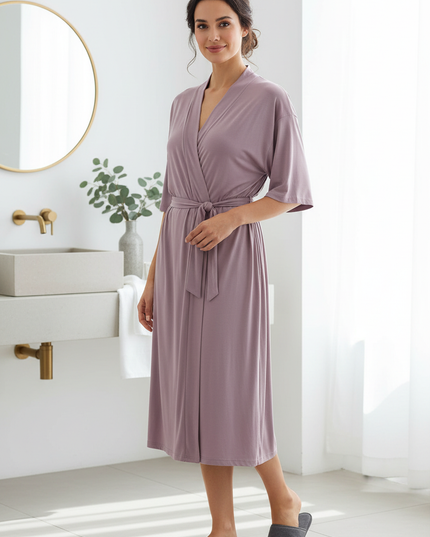 Kimono Morgenmantel Damen Kurzarm - leichter Lila-Mantel - Ansicht 1