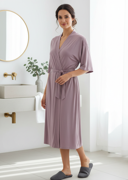 Kimono Morgenmantel Damen Kurzarm - leichter Lila-Mantel - Ansicht 1