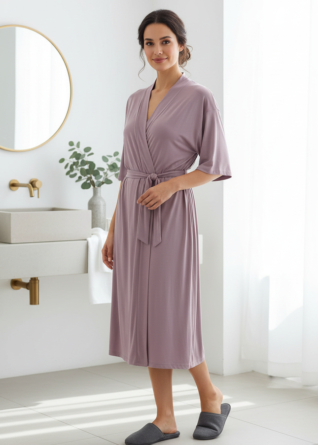 Kimono Morgenmantel Damen Kurzarm - leichter Lila-Mantel - Ansicht 1