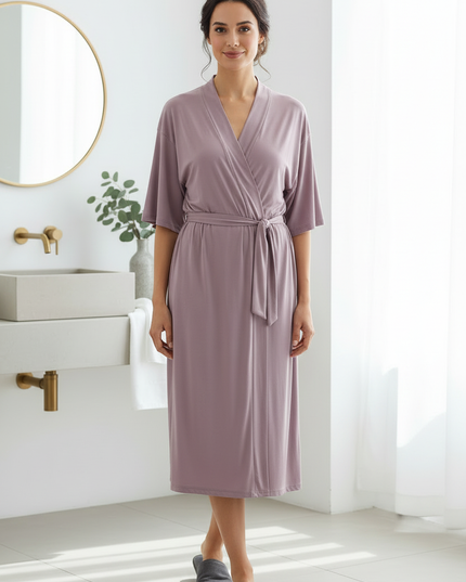Kimono Morgenmantel Damen Kurzarm - leichter Lila-Mantel - Ansicht 3