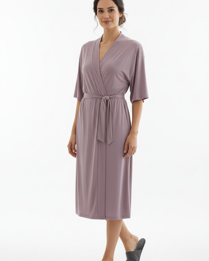 Kimono Morgenmantel Damen Kurzarm - leichter Lila-Mantel - Ansicht 5