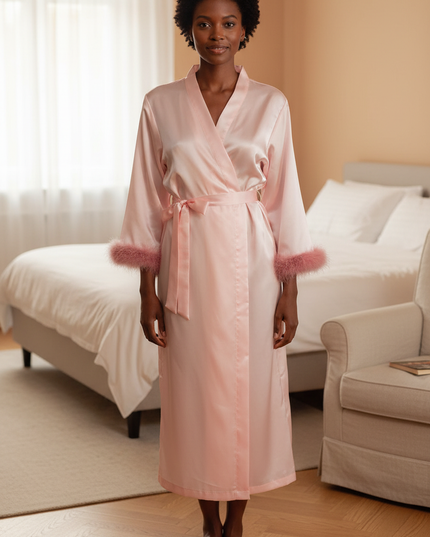Kimono Morgenmantel Damen Langarm - Rosa Satin - Ansicht 1