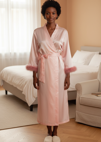 Kimono Morgenmantel Damen Langarm - Rosa Satin - Ansicht 1