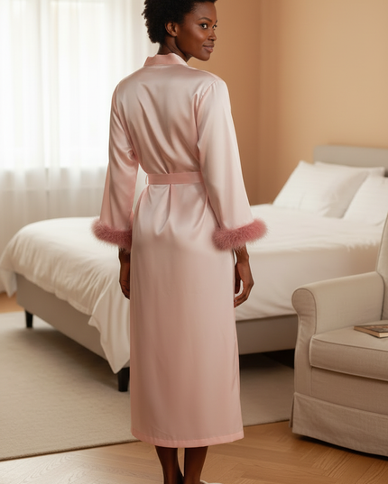 Kimono Morgenmantel Damen Langarm - Rosa Satin - Ansicht 2
