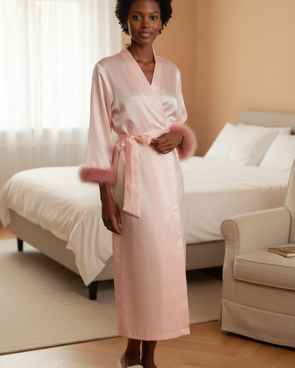 Kimono Morgenmantel Damen Langarm - Rosa Satin - Ansicht 3