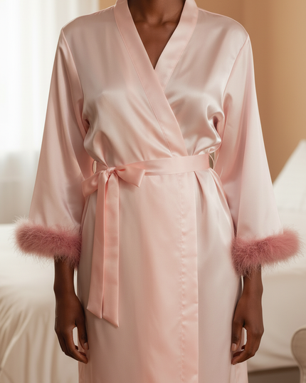 Kimono Morgenmantel Damen Langarm - Rosa Satin - Ansicht 4