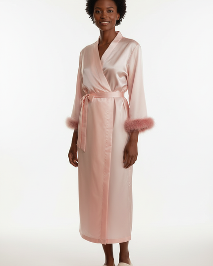 Kimono Morgenmantel Damen Langarm - Rosa Satin - Ansicht 5