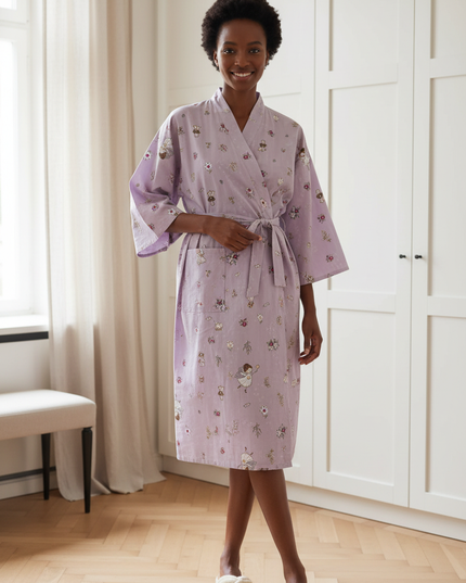 Kimono Morgenmantel Damen Lila - fliederfarben mit Druck - Ansicht 1