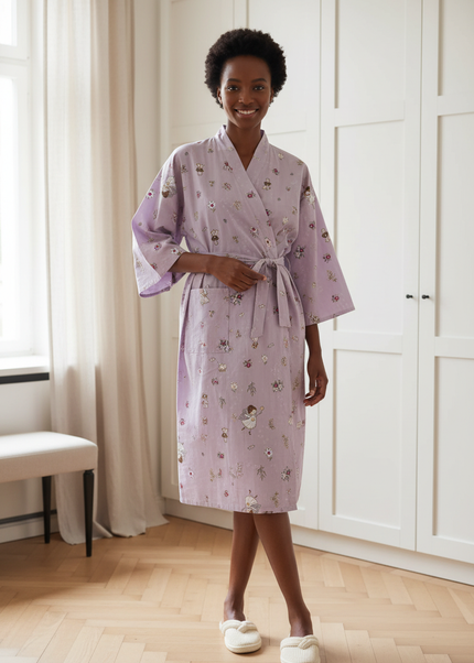 Kimono Morgenmantel Damen Lila - fliederfarben mit Druck - Ansicht 1