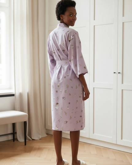 Kimono Morgenmantel Damen Lila - fliederfarben mit Druck - Ansicht 2