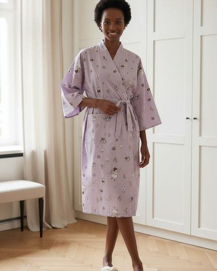 Kimono Morgenmantel Damen Lila - fliederfarben mit Druck - Ansicht 3
