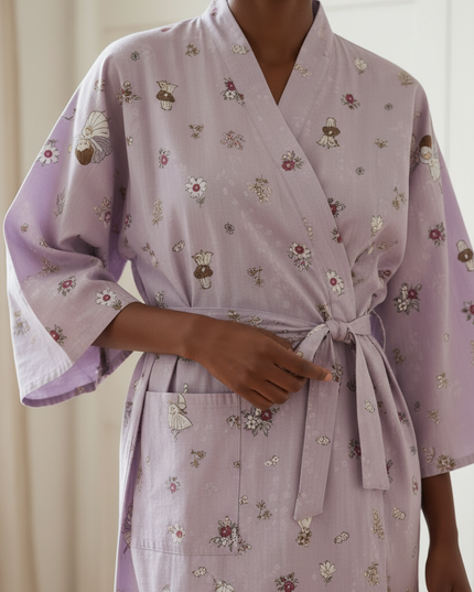 Kimono Morgenmantel Damen Lila - fliederfarben mit Druck - Ansicht 4