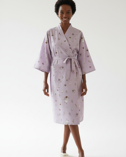 Kimono Morgenmantel Damen Lila - fliederfarben mit Druck - Ansicht 5