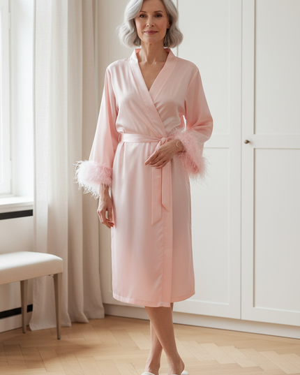 Knielanger Kimono-Morgenmantel Damen Langarm rosa - Ansicht 1