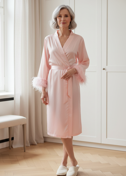 Knielanger Kimono-Morgenmantel Damen Langarm rosa - Ansicht 1