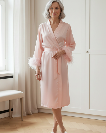 Knielanger Kimono-Morgenmantel Damen Langarm rosa - Ansicht 3