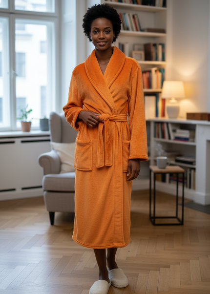 Kuscheliger Morgenmantel Damen Flanell lang in Orange - Ansicht 1