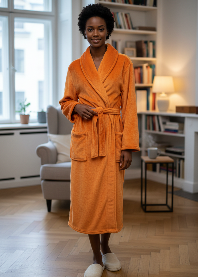 Kuscheliger Morgenmantel Damen Flanell lang in Orange - Ansicht 1