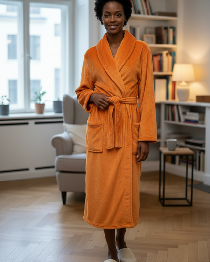 Kuscheliger Morgenmantel Damen Flanell lang in Orange - Ansicht 3