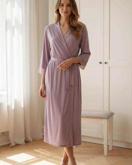 Lila Satin Morgenmantel Damen lang - fliederfarben - Ansicht 1
