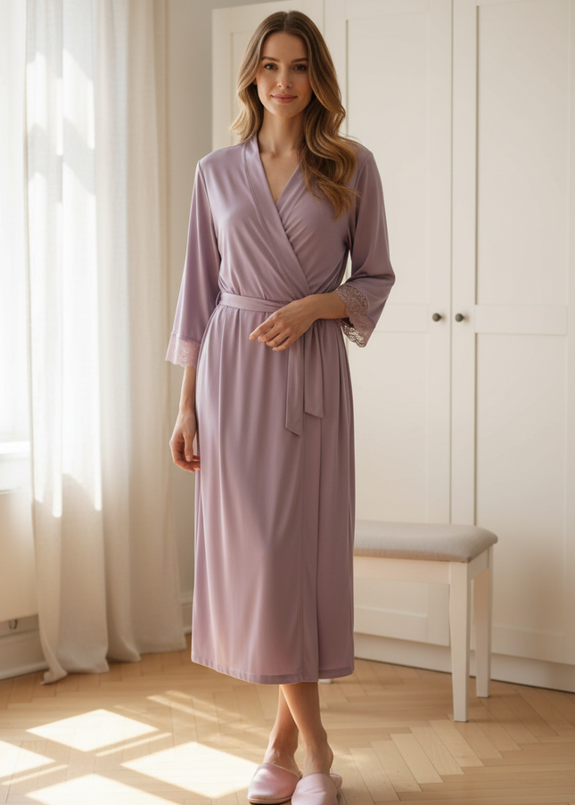 Lila Satin Morgenmantel Damen lang - fliederfarben - Ansicht 1
