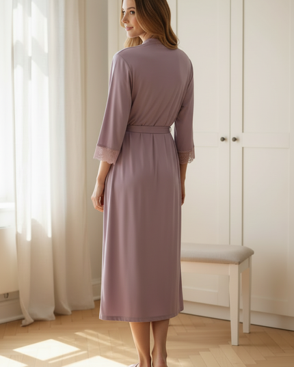 Lila Satin Morgenmantel Damen lang - fliederfarben - Ansicht 2