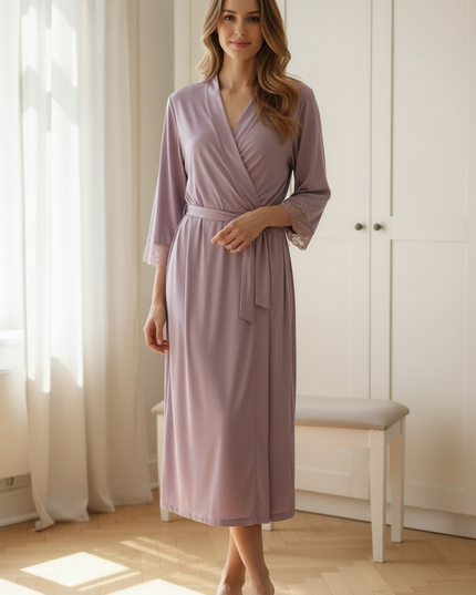 Lila Satin Morgenmantel Damen lang - fliederfarben - Ansicht 3