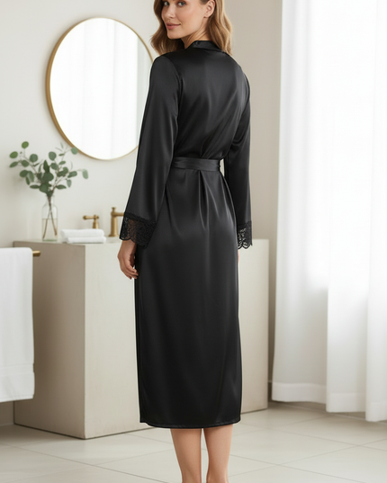 Morgenmantel Damen lang Spitze - eleganter Satin - Ansicht 2