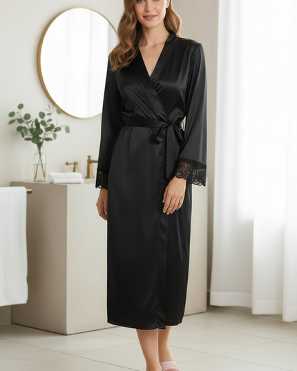 Morgenmantel Damen lang Spitze - eleganter Satin - Ansicht 3