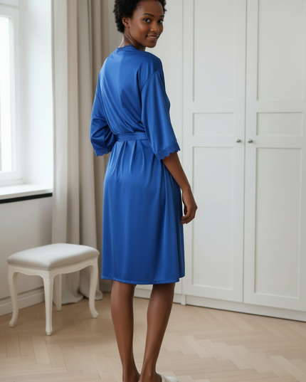 Morgenmantel kurzarm: Satin-Set mit Nachthemd in Royalblau - Ansicht 2