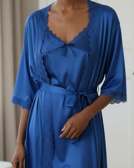 Morgenmantel kurzarm: Satin-Set mit Nachthemd in Royalblau - Ansicht 4