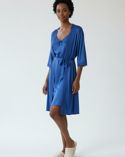 Morgenmantel kurzarm: Satin-Set mit Nachthemd in Royalblau - Ansicht 5