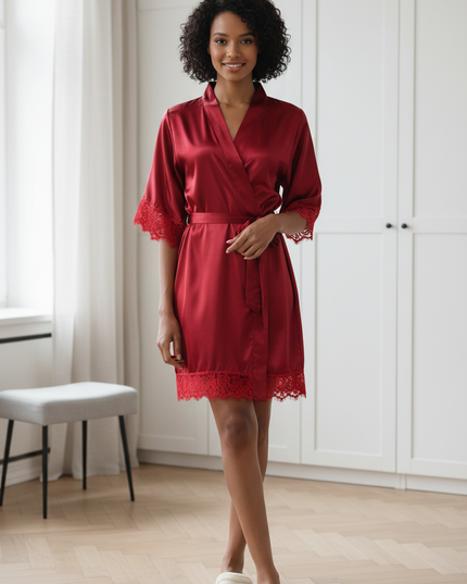 Morgenmantel Rot Satin kurz Spitze - Damen, M-XL - Ansicht 1