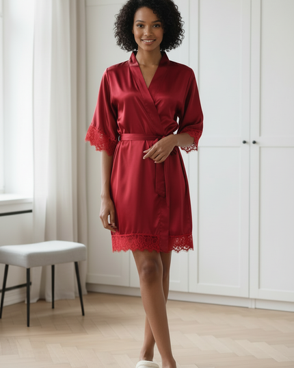 Morgenmantel Rot Satin kurz Spitze - Damen, M-XL - Ansicht 3