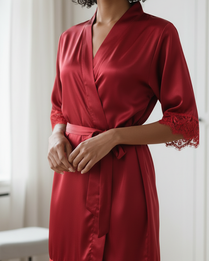 Morgenmantel Rot Satin kurz Spitze - Damen, M-XL - Ansicht 4