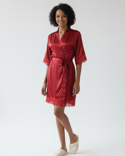Morgenmantel Rot Satin kurz Spitze - Damen, M-XL - Ansicht 5