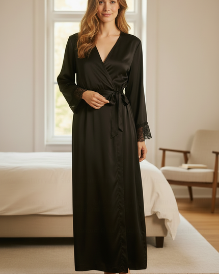 Morgenmantel Satin Spitze - schwarzer Langmantel - Ansicht 3