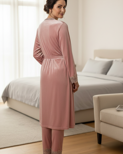 Morgenmantel Set lang in Rosa mit Spitze für Damen - Ansicht 2