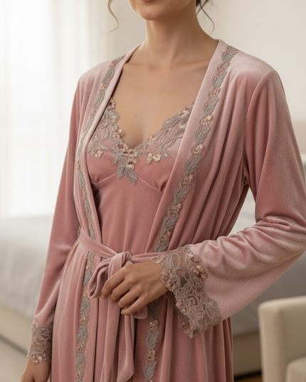 Morgenmantel Set lang in Rosa mit Spitze für Damen - Ansicht 4