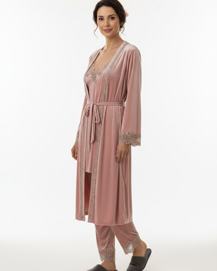 Morgenmantel Set lang in Rosa mit Spitze für Damen - Ansicht 5