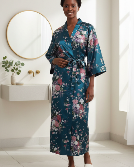 Satin Morgenmantel Damen Petrol mit Blumenmuster - Ansicht 1