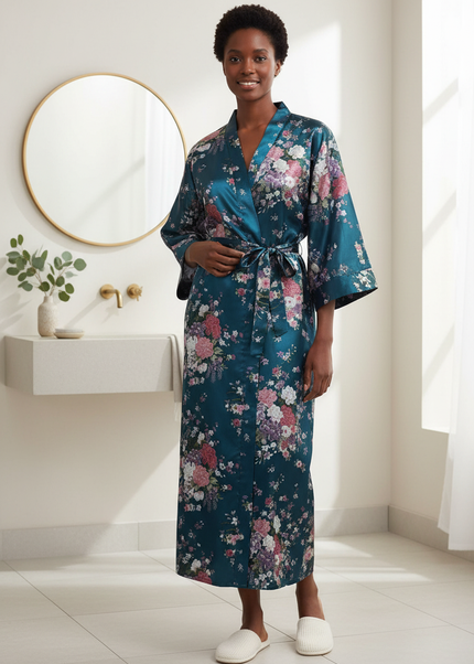 Satin Morgenmantel Damen Petrol mit Blumenmuster - Ansicht 1