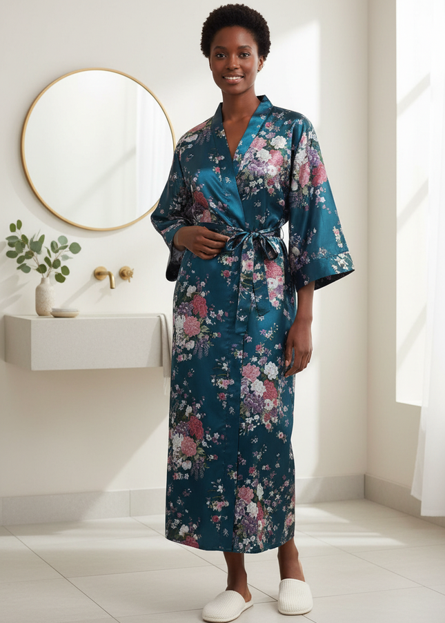Satin Morgenmantel Damen Petrol mit Blumenmuster - Ansicht 1