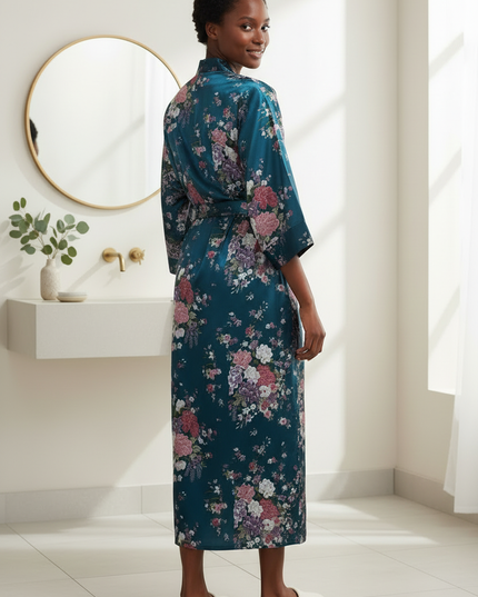 Satin Morgenmantel Damen Petrol mit Blumenmuster - Ansicht 2