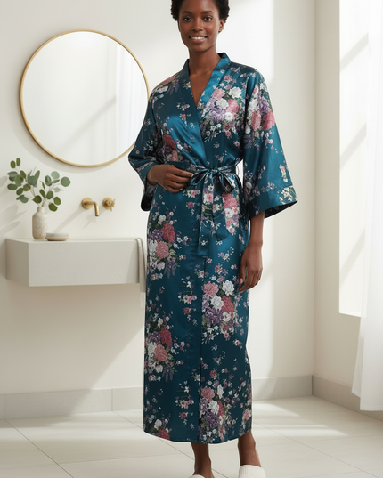 Satin Morgenmantel Damen Petrol mit Blumenmuster - Ansicht 3
