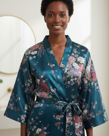 Satin Morgenmantel Damen Petrol mit Blumenmuster - Ansicht 4