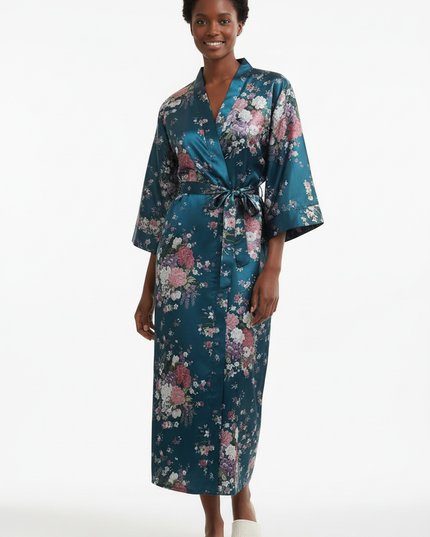 Satin Morgenmantel Damen Petrol mit Blumenmuster - Ansicht 5